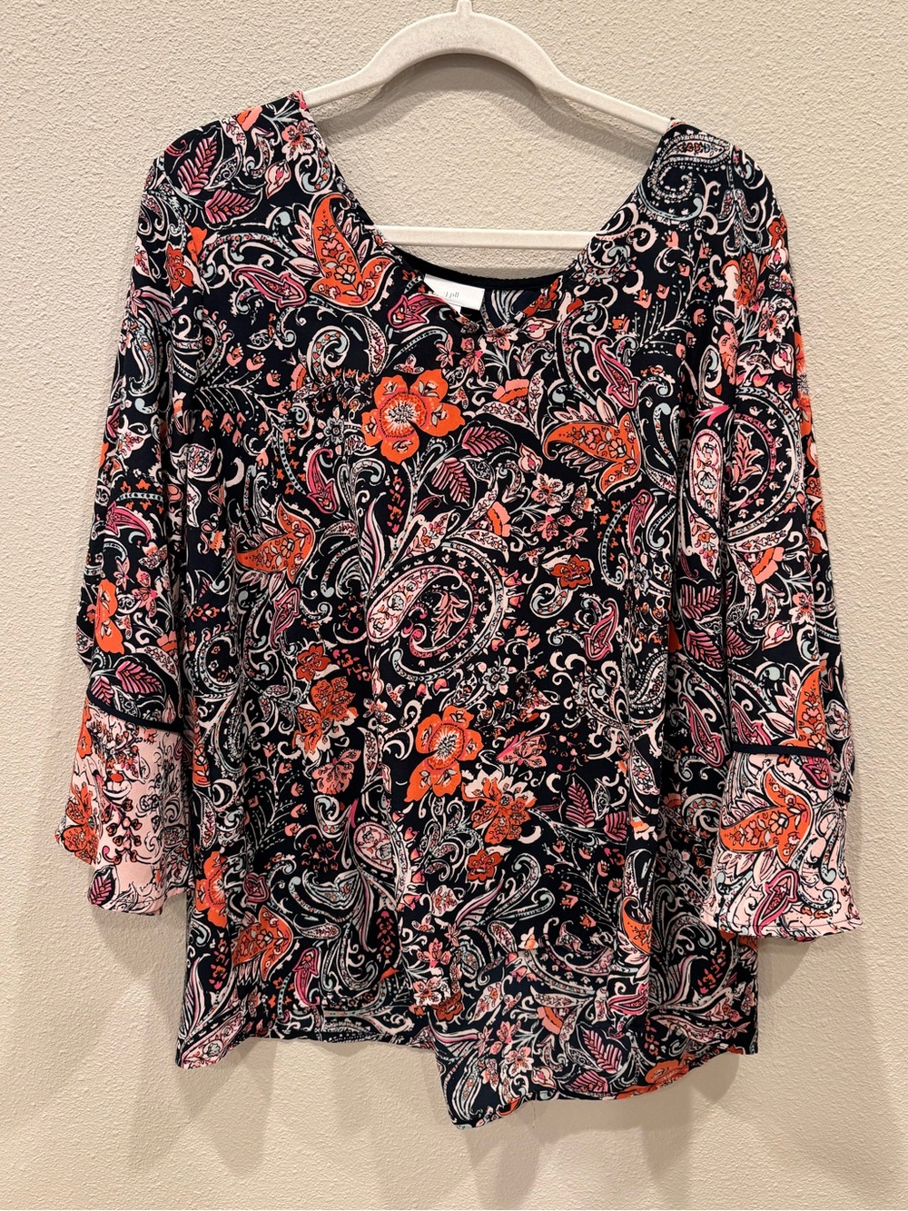 J.Jill Paisley Floral Pullover Bell Sleeve Blouse, Size XL